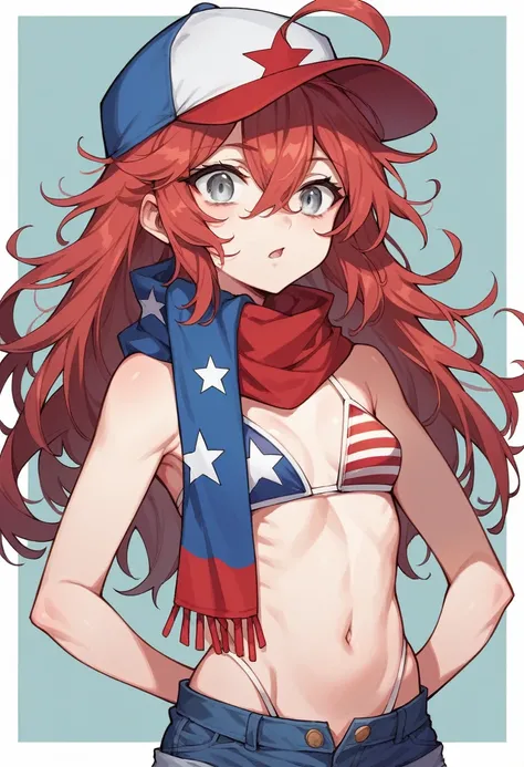 best quality, masterpiece, super high resolution, perfect anatomy, 1girl, red hair, long hair, hair between eyes, messy hair, ahoge,  silver eyes, small breasts, chestnut mouth, freackles,  pale skin, 23 years old, incredibly absurdres, american flag bikin...