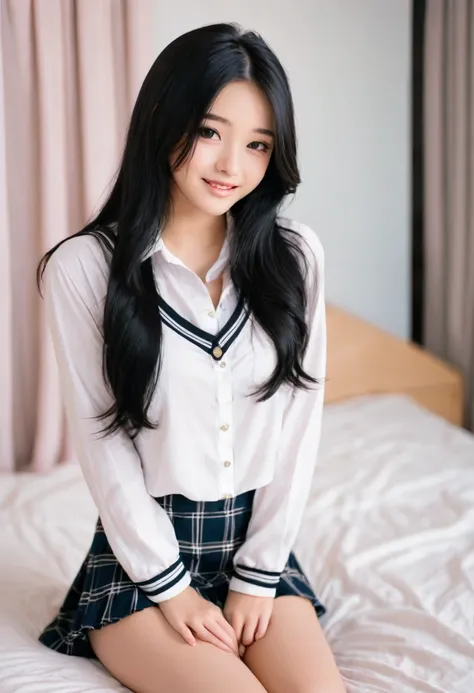 beautiful girl, solo, full-bodied, standing, long black  hair,  medium breasts, JK, high school outfit , soft smile, sitting on the bed, model pose, temptation, 