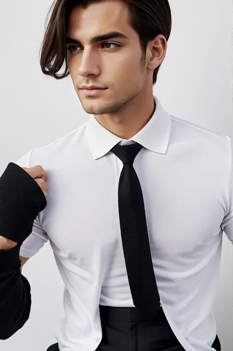 A layout of , white polo with black neck tie and black short