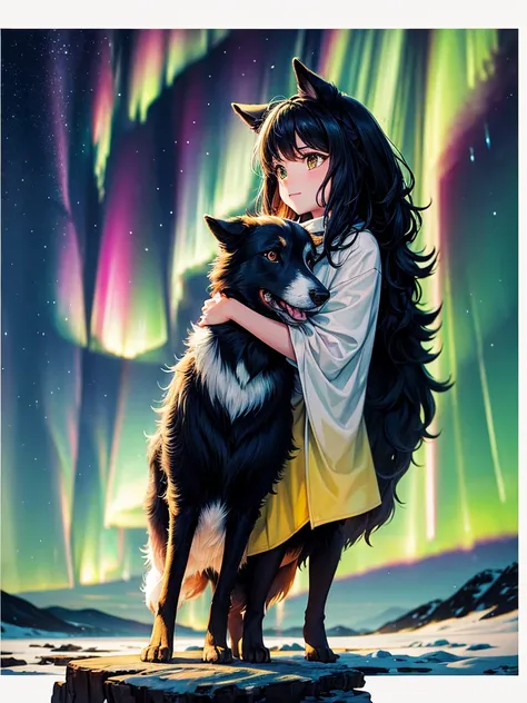 Highest Resolution,Highest quality,A woman watches the aurora borealis with her border collie dog,