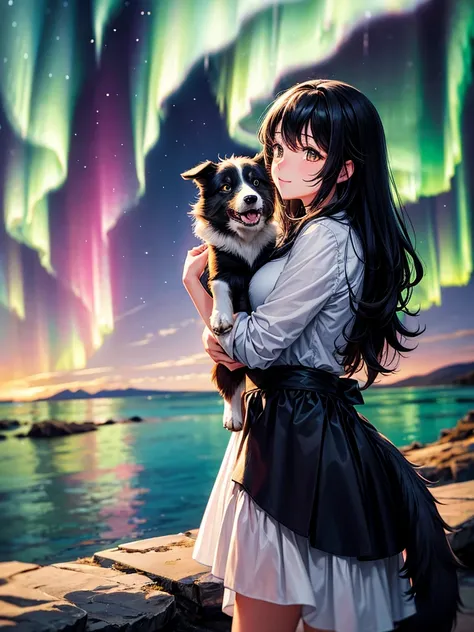 Highest Resolution,Highest quality,A woman watches the aurora borealis with her border collie dog,