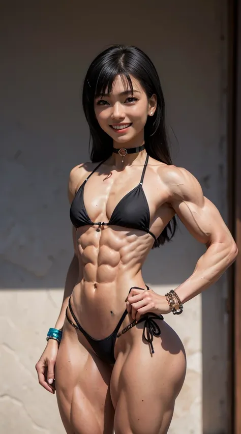 (Muscular:2.5), (thick thighs, wide hips:2.2), (asian female:1.5), adult, (blunt bangs, long black hair:1.5), glasses, earrings, eyeshadow, lipstick, (upper body view, three quarter view), (side view),, (striations), (hard nipples:1.5), (flat chest:2.3), (...