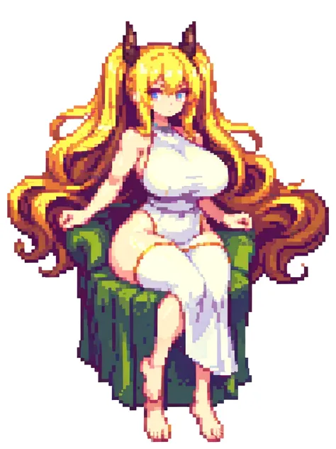 sitting,very tall woman,very big woman,gigantic woman,very muscle,{{long legs}},devil,{{muscular}},{{gigantic breasts}} ,{{curvy}},twintails,blonde hair ,white dress,barefoot,brown skin,masterpiece , best quality , pixel art , 1 girl ,{full body},voluptuou...