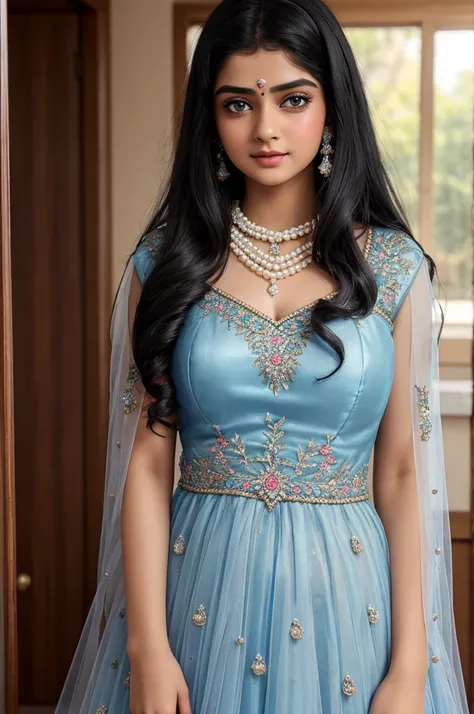 create a most beautiful girl image 18 years age. Wearing Embroidered Layered Tulle Gown. also wearing white pearl necklace. there is black bindi on forehead. preety good blue eyes, long black hair. she is standing and blushing.