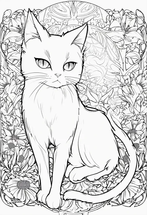 white and black cat with a white background, ploynesian, garden, art for coloring book page, full white background, only use outline, line art, clean line art, mandala for coloring with nature ornaments, simple and clean line art, adorned in Art Nouveau st...