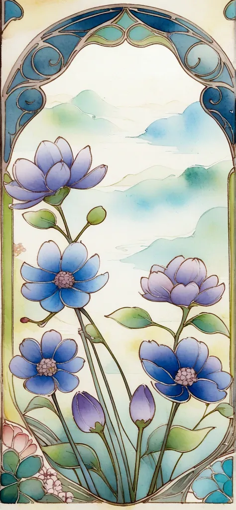 blue的花, blue，Lilac Chinese watercolor style, Stylized flowers, Indigo blooming flowers garden, Art Nouveau Botanicals, Chinese painting style, Stylized lines, blue墨水, Beautiful line art, detailed flowers, Chinese style pattern, Watercolor ink illustration,...