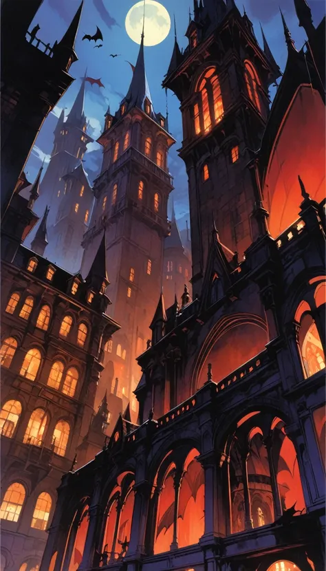 city ​​of vampires: 1.5, night, great detail of buildings, towers,(art inspired Bill Sienkiewicz)