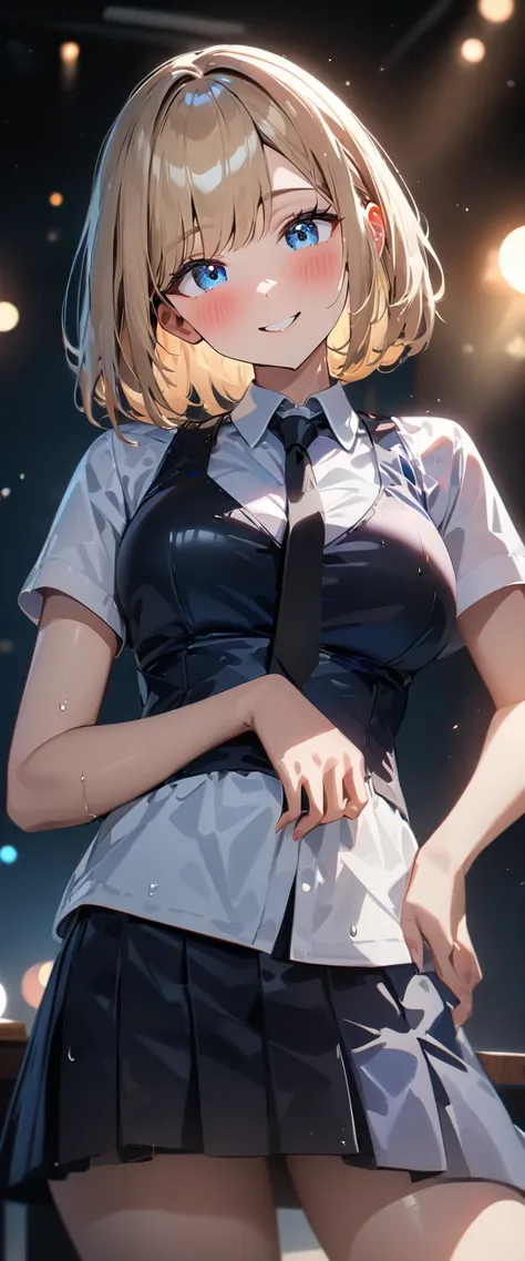 (((One girl))), blond hair, bob cut, (cowboy shot), (looking at viewer), face in focus, breasts, teenager, head tilt:1.3, (((blue eye))), ((happy smile)), ((blush)), school summer uniform, white shirts, ((black tie)), black skirt, wet skin, black corset ve...