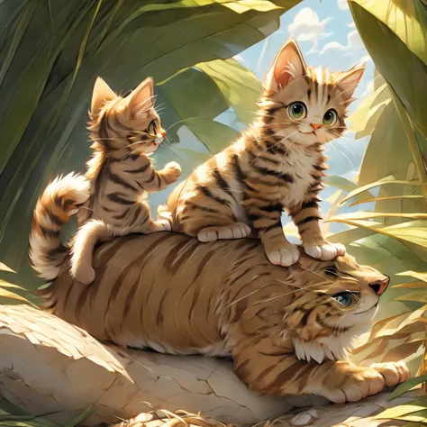 Brown tabby kitten、Riding on the back of a big dog