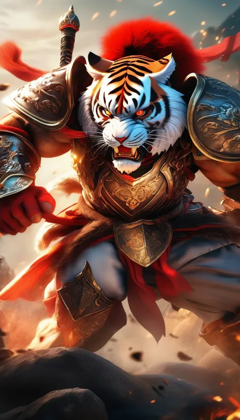 (best quality,4k,8k,highres,masterpiece:1.2),ultra-detailed,(realistic,photorealistic,photo-realistic:1.37),highly detailed intricate close-up portrait of a muscular anthropomorphic tiger warrior, wearing intimidating medieval armor and helmet, glowing red...