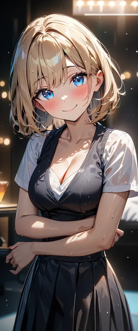 (((One girl))), blond hair, bob cut, (cowboy shot), (looking at viewer), face in focus, breasts, teenager, head tilt:1.3, (((blue eye))), ((happy smile)), ((blush)), school summer uniform, white shirts black skirt, wet skin, black corset vest, ((cleavage))...