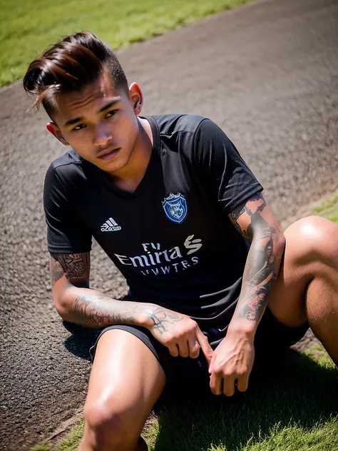 Teenage Man Soccer Player, em Liverpool, tattoos, in field, scoring goal