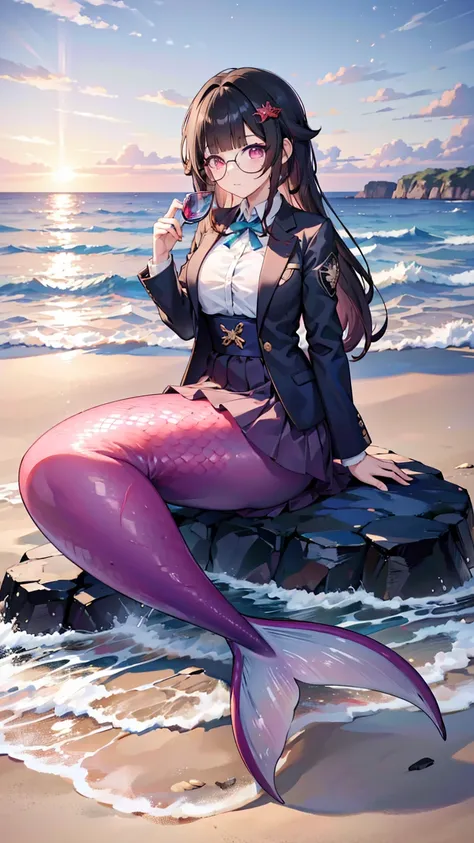 masterpiece, best quality,a girl,solitary,sparklehsrpv, hairclip, open jacket,glasses,large breasts,mermaid,红色的mermaid尾巴,full-bo...