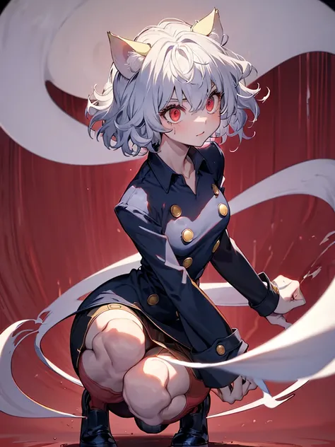 silver hair, short and curly hair, cat ears, red eyes, large pupils, double eyelids, slender eyebrows, long eyelashes, small nose, small mouth, sharp jawline, blue military-style coat, six gold buttons, short red striped skirt, high collar, long sleeves, s...