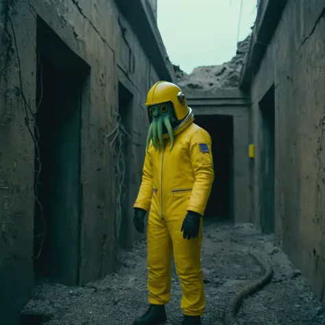 Horror-themed,  In an ancient and mysterious city a person wearing a yellow helmet with yellow spikes on it carcosa city style, Don Bluth Style ASTRONAUT Cthulhu yellow Toon Doll, full body RAW candid cinema, cyan hair, 16mm, color graded portra 400 film, ...