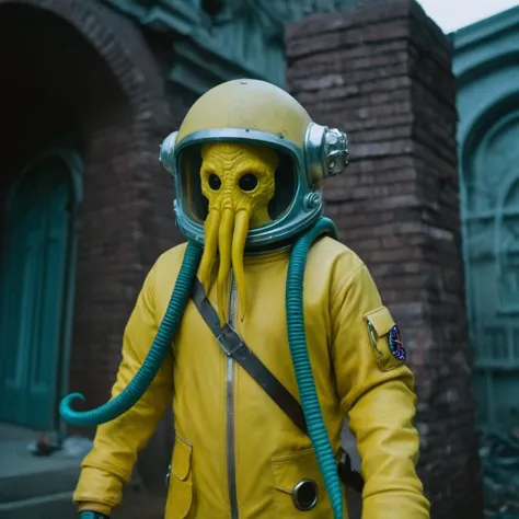 Horror-themed,  In an ancient and mysterious city a person wearing a yellow helmet with yellow spikes on it carcosa city style, Don Bluth Style ASTRONAUT Cthulhu yellow Toon Doll, full body RAW candid cinema, cyan hair, 16mm, color graded portra 400 film, ...