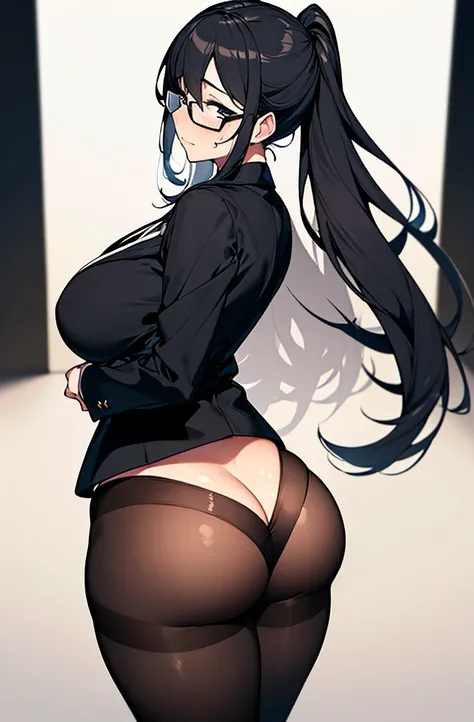 a beautiful woman with glasses, large breasts, wearing a black coat, her hair tied back, looking up shyly with teary eyes, shot from above, showing her buttocks, wearing a white lewd thong, black pantyhose, thick thighs, holding a handbag, Sex, tears, swea...