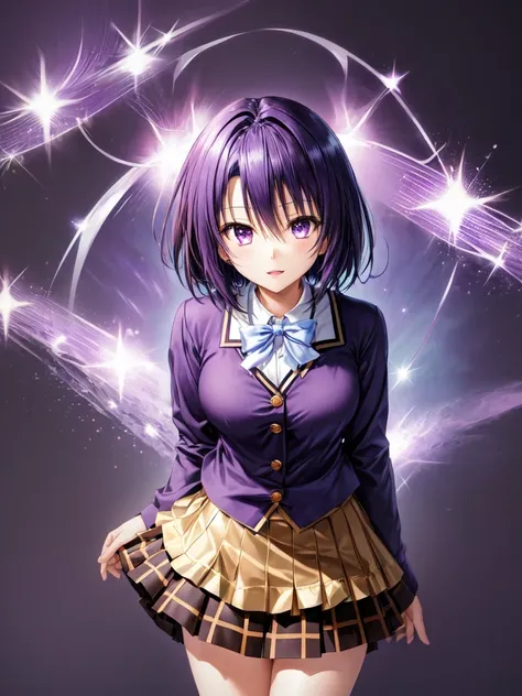 kanade suzu,standing,dark puple fluffy hair,dark purple eyes,short hair,uniform,black shirt,brown skirt