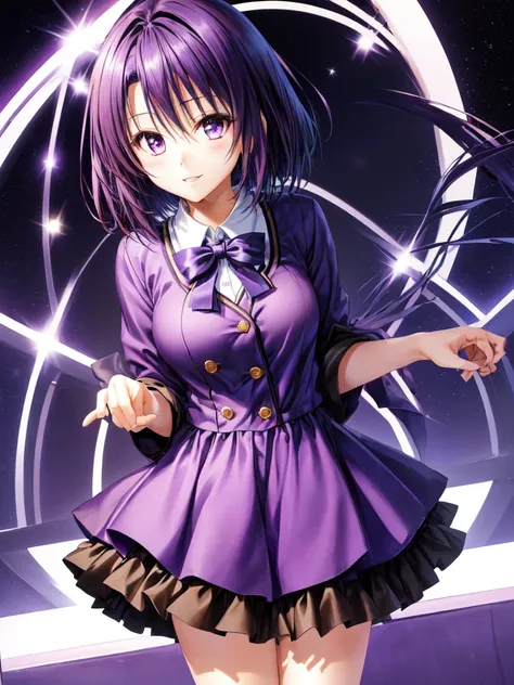 kanade suzu,standing,dark puple fluffy hair,dark purple eyes,short hair,uniform,black shirt,brown skirt