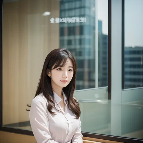 One Korean girl, Mature Woman, Best, bow, photograph, Realistic, Highest quality, employment, Detailed face, office, Building seen from the window, Detailed Background, Diffused sunlight, Depth of written boundary, Bokeh