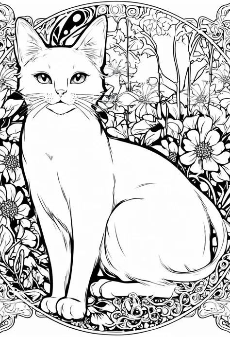 white and black cat with a white background, ploynesian, garden, art for coloring book page, full white background, only use outline, line art, clean line art, mandala for coloring with nature ornaments, simple and clean line art, adorned in Art Nouveau st...