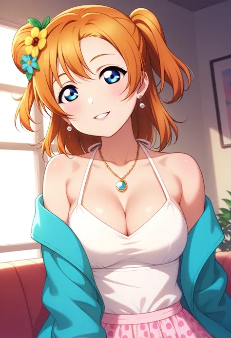 Honoka kousaka love live, blue eyes, orange hair,hair flower, solo, Fashion ,closeup cleavage, boobgasm, bshoulders, perfect  eyes, Perfect iris，Perfect skin，Soft front light，Casual，indoors；（pastel colour：1.2）, halter neck,thin straps 