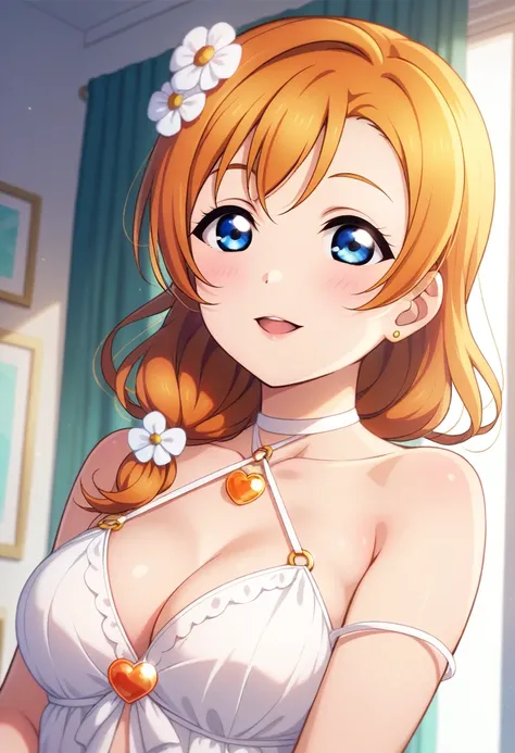 Honoka kousaka love live, blue eyes, orange hair,hair flower, solo, Fashion ,closeup cleavage, boobgasm, bshoulders, perfect  eyes, Perfect iris，Perfect skin，Soft front light，Casual，indoors；（pastel colour：1.2）, halter neck,thin straps 