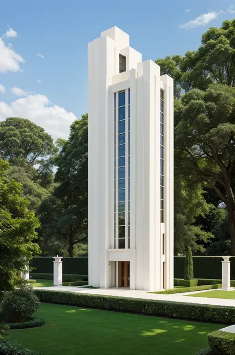 “a tall U-shaped building of polished white stone surrounded by sprawling gardens”

