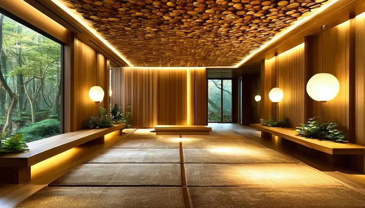 Fantasy house hallway、Simple lighting is installed on the ceiling。Forest-inspired furniture and decorations、There is a beautiful carpet on the floor.、Soft light illuminates the entire corridor。