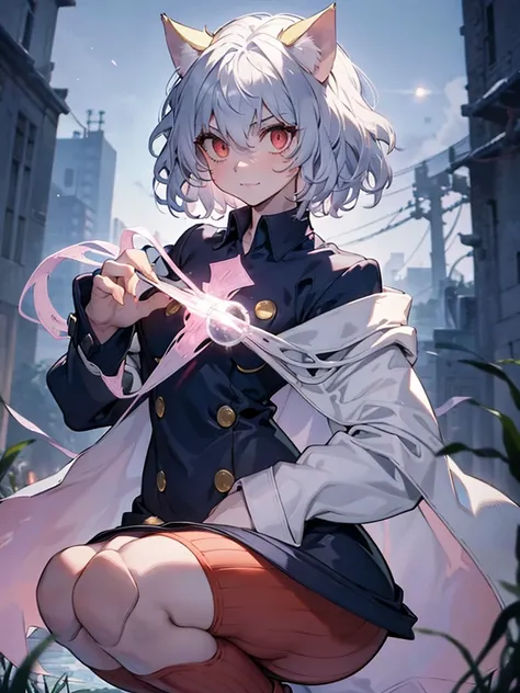 silver hair, short and curly hair, cat ears, red eyes, large pupils, double eyelids, slender eyebrows, long eyelashes, small nose, small mouth, sharp jawline, blue military-style coat, six gold buttons, short red striped skirt, high collar, long sleeves, s...