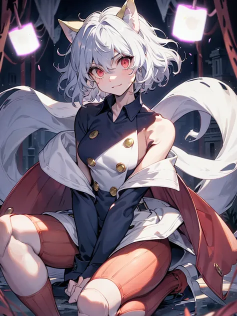 silver hair, short and curly hair, cat ears, red eyes, large pupils, double eyelids, slender eyebrows, long eyelashes, small nos...