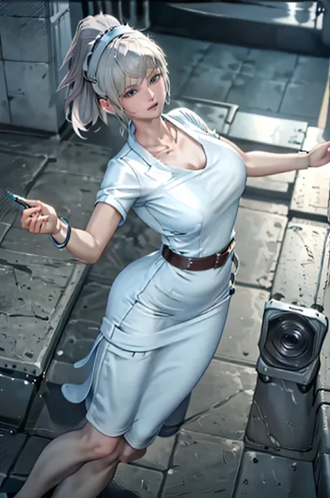 nurse uniform,hospital, latex nurse suit,nurses,busty,elbow gloves,labcoat,grey hair woman,red eyes , gigantic ,medical instrume...