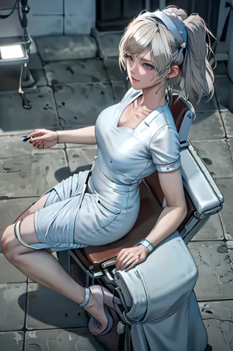 nurse uniform,hospital, latex nurse suit,nurses,busty,elbow gloves,labcoat,grey hair woman,red eyes , gigantic ,medical instrume...