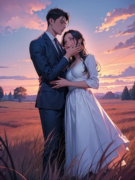 A man proposes to his girlfriend, the, The man gives the woman a ring, the woman is surprised, romantic atmosphere, in the grass field, the color of the twilight sky, reddish blue sky, fantasy, romantic