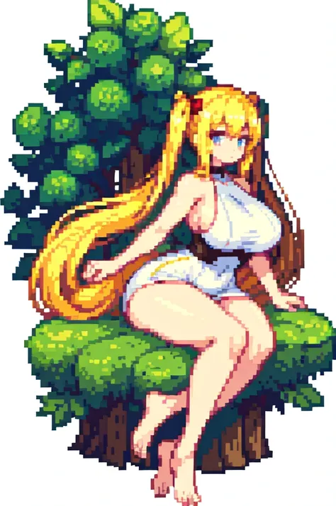 sitting,very tall woman,very big woman,gigantic woman,thick legs,very muscle,{{long legs}},devil,{{muscular}},{{gigantic breasts}} ,{{curvy}},twintails,blonde hair ,white dress,barefoot,brown skin,masterpiece , best quality , pixel art , 1 girl ,{full body...