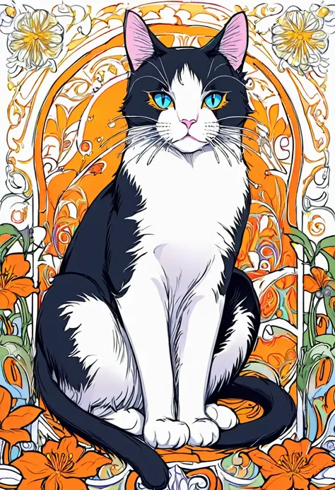 white and black cat with a white background, ploynesian, garden, art for coloring book page, full white background, only use outline, line art, clean line art, mandala for coloring with nature ornaments, simple and clean line art, adorned in Art Nouveau st...