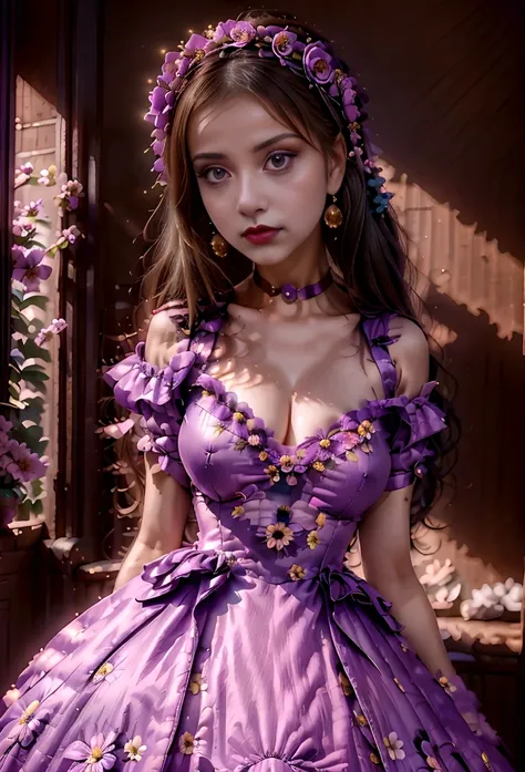 arafed woman with a clown make-up, very large full lips, in a dress bends over in front of a camera, nymphomaniac movie style, tumblr, renaissance, purple dress, dressed in a flower dress, floral art novuea dress, romantic dress, flower dress, young woman ...