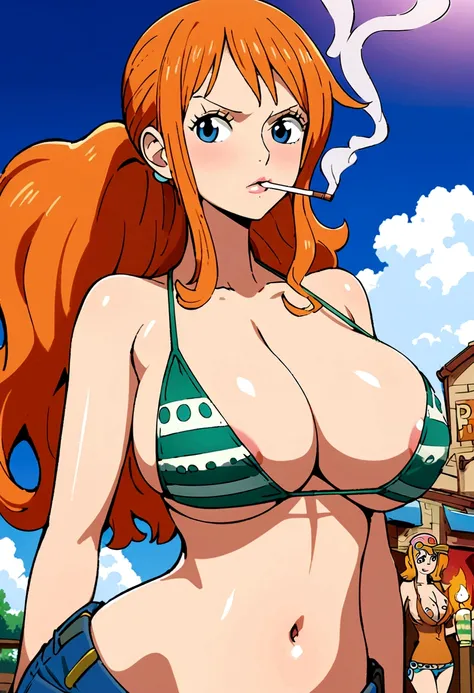 a cartoon picture of a woman in a bikini top and jeans, nami one piece, nami from one piece, nami, beautiful portrait of nami, from one piece, oppai, blue eyes, smoking, ponytail, nsfw