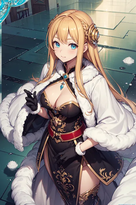 ((Top Quality)), ((Masterpiece)), (Detail), high resolution, Perfect Face, Fine Eyes, detailed eyes, (1 beautiful girl), saints, Sacred, military coat, Ruffles with fur, (cotton coat:1.2), winter long blouse, long boots, long gloves, down jacket, (winter h...