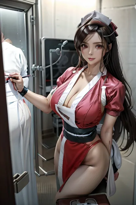 nurse uniform,hospital, latex nurse suit,nurses,busty,elbow gloves,labcoat,grey hair woman,red eyes , gigantic ,medical instrume...