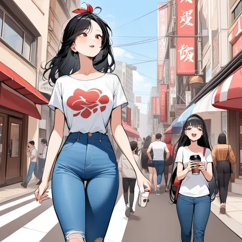 masterpiece, best quality, very aesthetic, absurdres，a young woman with long, flowing black hair, wearing a simple white t-shirt...