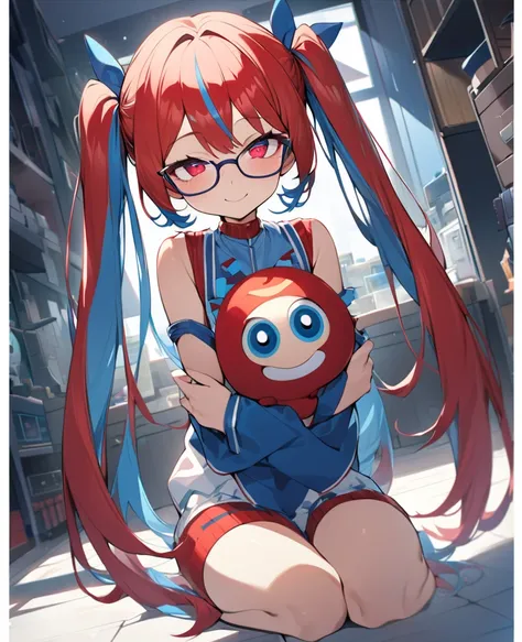 One Woman、Blue and red two-tone hair、Hairstyle、Long twin tails、Red and blue eyes、Slanted Eyes、Strange Eyes、Glasses、whole body、View your viewers、White,indoor、Blue and red two-tone hair, tsurime, Blue and red eyes、Strange Eyes, smile, Ultra-high resolution, ...