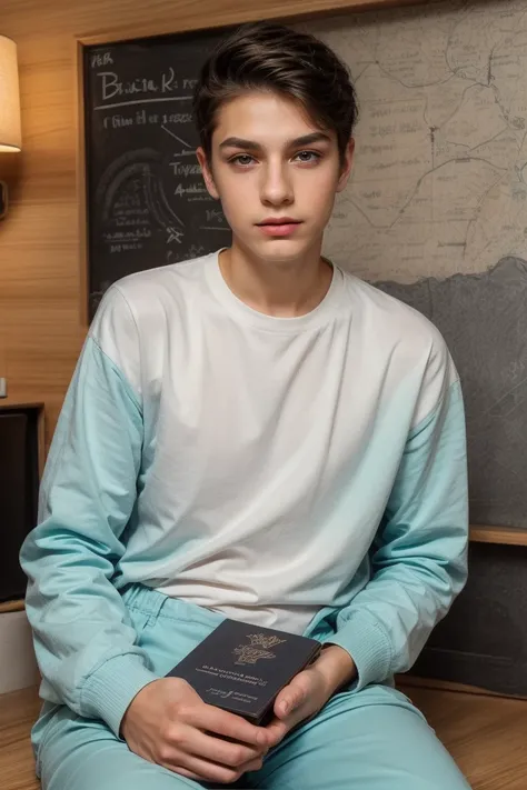 A beautiful young male twink, cute, with black hair and a face with makeup, wearing a bright white long-sleeved shirt and aqua blue pants, and he is in his office, and behind him is a blackboard on which is written the shape of the brain and its anatomy, a...