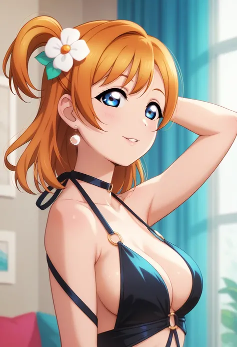 Honoka kousaka love live, blue eyes, orange hair,hair flower, solo, Fashion ,sideboobs, boobgasm, bshoulders, perfect  eyes, Perfect iris，Perfect skin，Soft front light，Casual，indoors；（pastel colour：1.2）, halter neck,thin straps , sexy, cowboy shot 