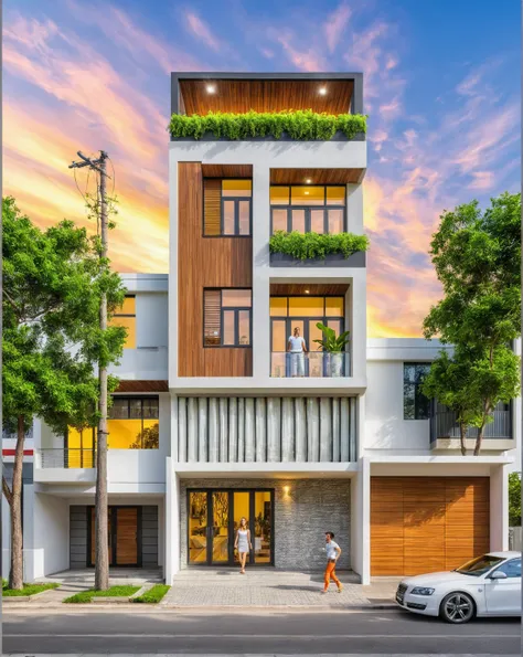 modern townhouse on street, (sunset), tropical tree, vivid colour, streetcapes, white tone, white wall, large glass door, (warm interior lighting:1.2), wood and marble, best quality, 18ArchiAI_VL-v1