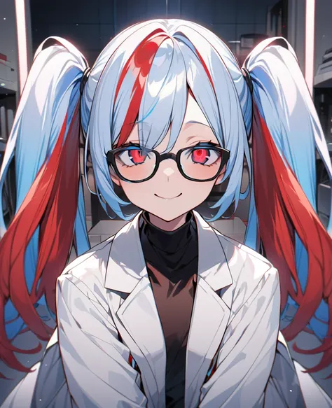 One Woman、Blue and red two-tone hair、Hairstyle、Long twin tails、Red and blue eyes、Slanted Eyes、Strange Eyes、Glasses、whole body、View your viewers、lab coat,indoor、Blue and red two-tone hair, tsurime, Blue and red eyes、Strange Eyes, smile, Ultra-high resolutio...