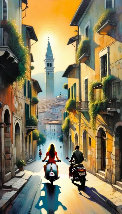 street of a classic Italian stone town: 1.5, sunrise, great detail of buildings, towers, pretty girl on scooter in the scene (art inspired by Bill Sienkiewicz). oil painting)
