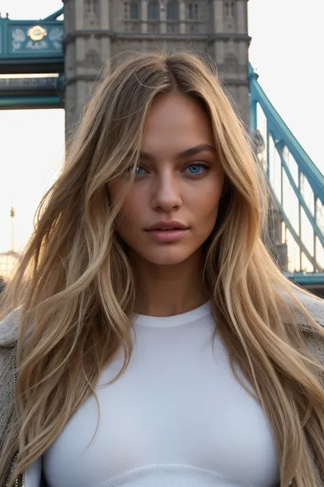 close up, "Instagram supermodel portrait, sandy blonde natural hair, Victoria Secret model body, blue light eyes, natural lighting, at the iconic Tower Bridge in London, wearing a modern twist on a classic British ensemble designed by Rick Owens and Virgil...