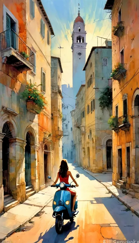 street of a classic Italian stone town: 1.5, sunrise, great detail of buildings, towers, pretty girl on scooter in the scene (art inspired by Bill Sienkiewicz). oil painting)
