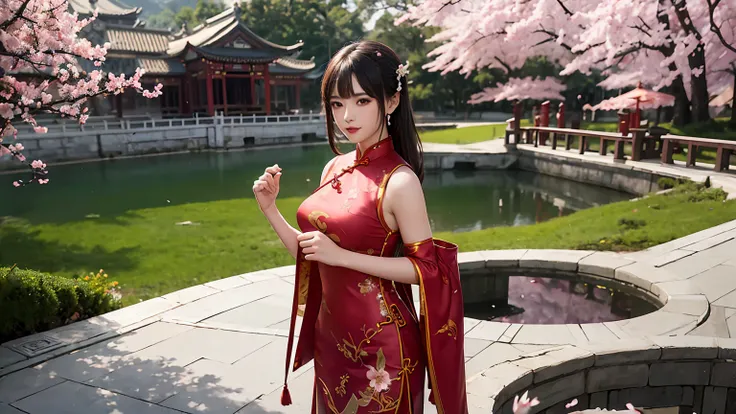 beautiful girl, (cheongsam with plated armor at upper arms:1.2), standing in a traditional chinese garden with cherry blossom, high quality render, extremely detailed, upperbody close up